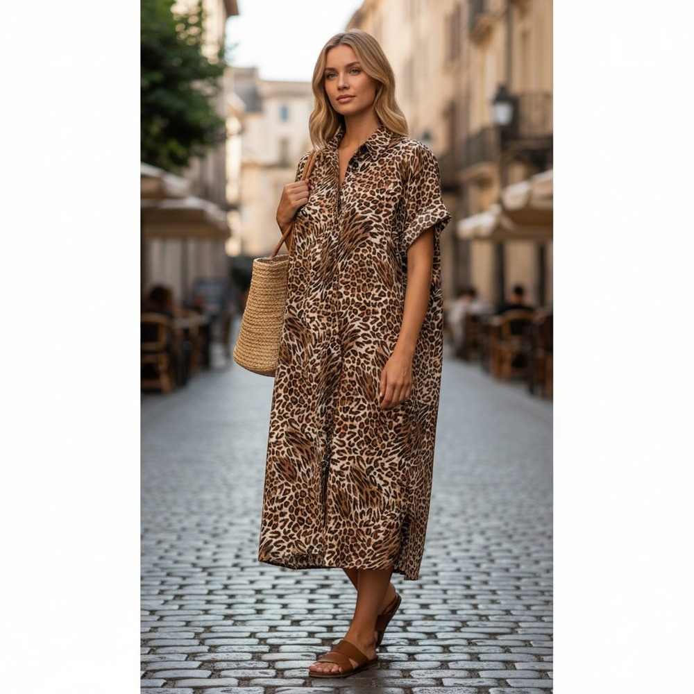 90s Lisa II Shirt Dress Women 30W Brown Mixed Animal Print Button Front Vintage